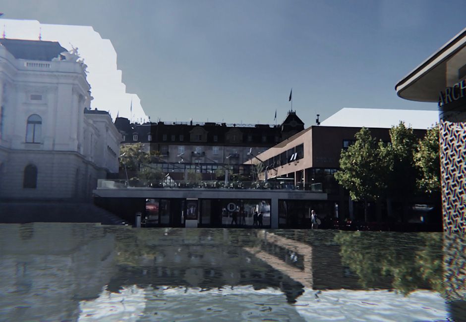 Surrounding buildings masked with matching 3D model Surrounding buildings masked with matching 3D model