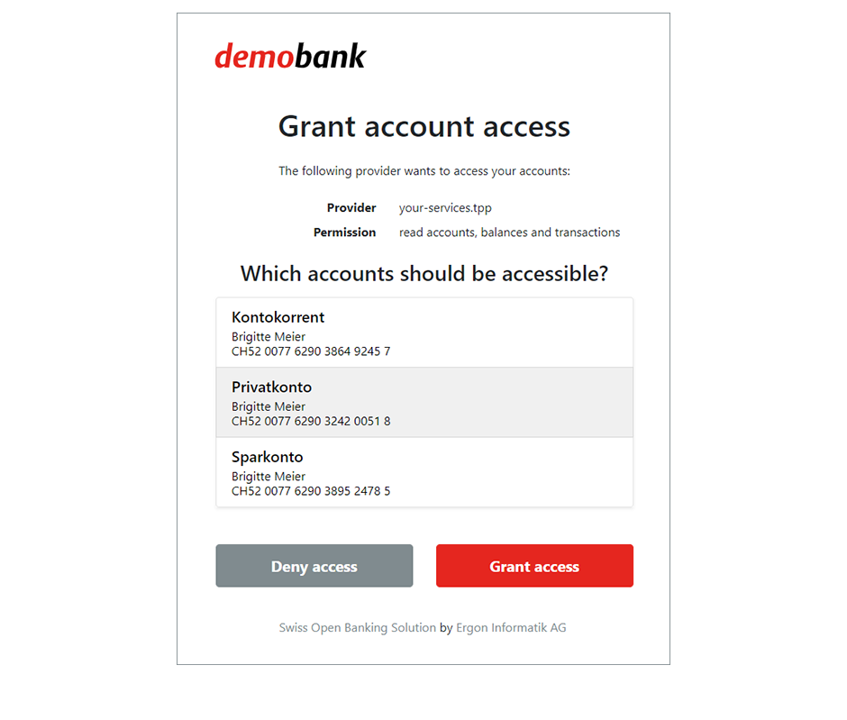 Grant account access selection Grant account access selection